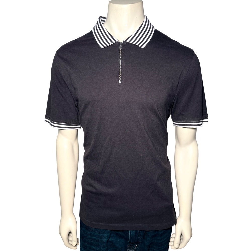 Free Assembly Polo Shirt Mens Large Black Excellent Quarter Zip Striped Collar